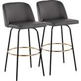 Toriano 30" Swivel Bar Stool in Grey Leatherette & Black Metal with Round Gold Footrest (Set of 2)